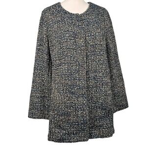 TALBOTS‎ 16 Italian Boucle Tweed Collarless Swing Coat Blue Grey Multi Pockets
